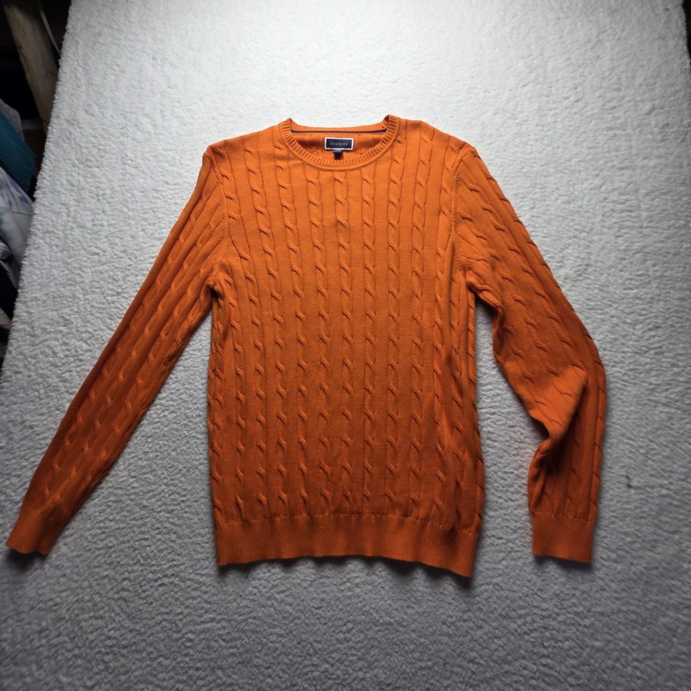 Club Room Sweater Mens Large Orange 100% Cotton Cable Knit Crewneck Pullover